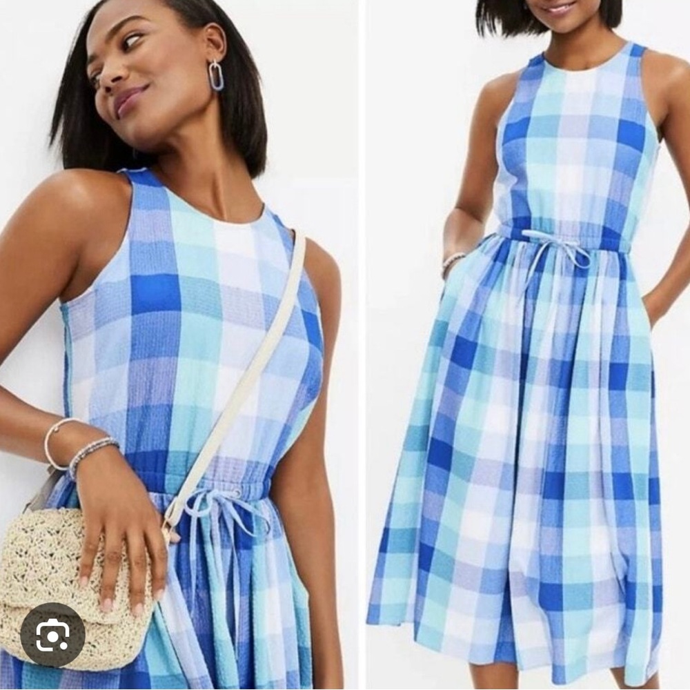Blue plaid seersucker dress peekaboo back